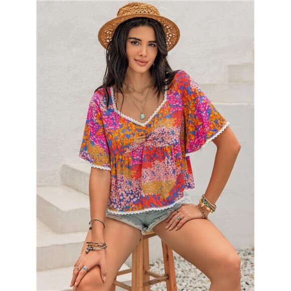 Ruched Printed Half Sleeve Blouse - Picture 4 of 7